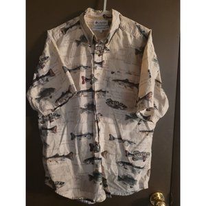 Columbia Mens Size Large Beige All Over Fish Print Short Sleeve Button Up Shirt